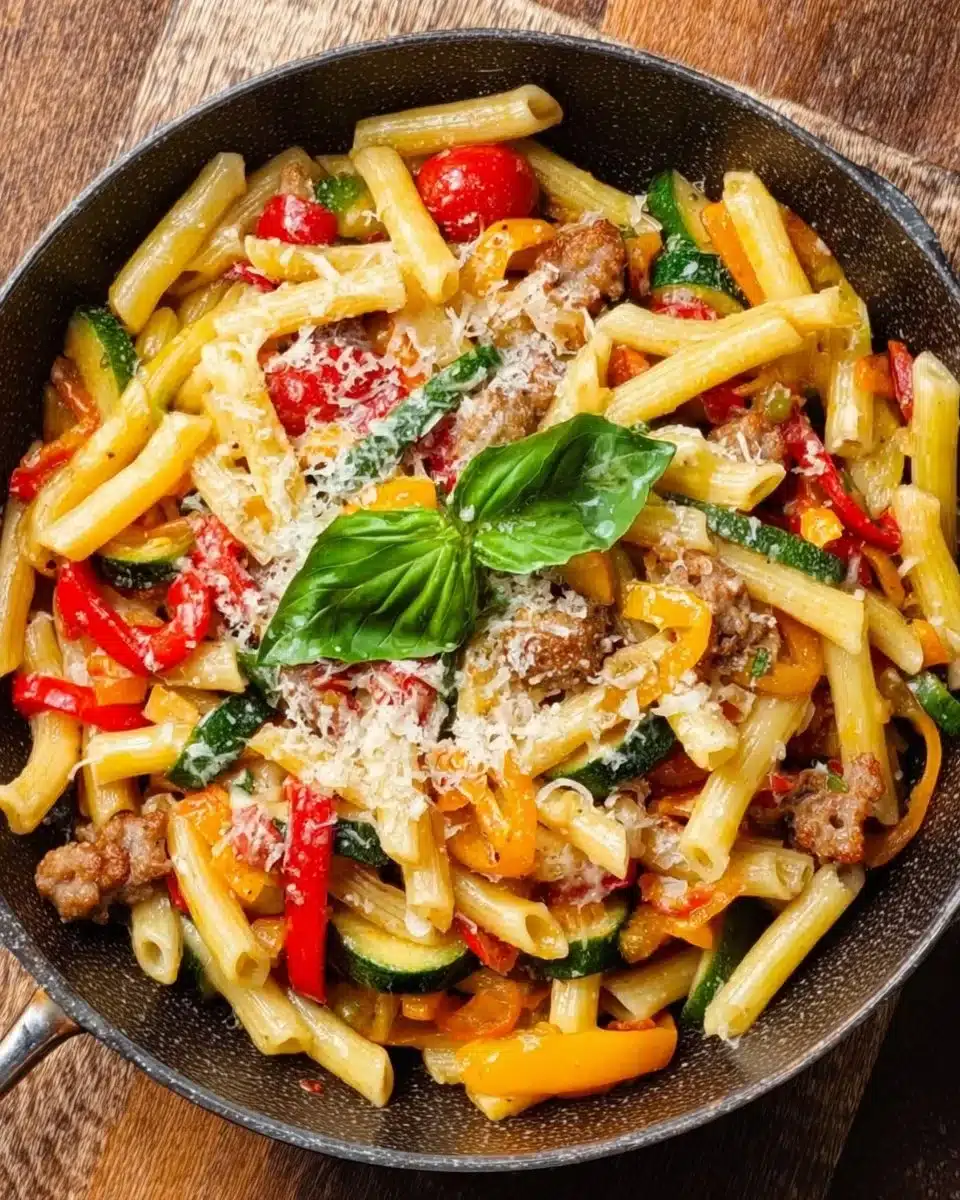 Sausage and Peppers Pasta dish garnished with herbs