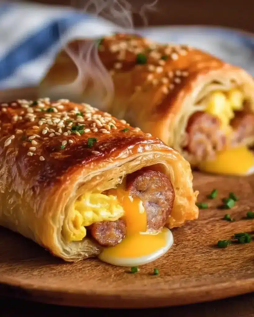 Delicious sausage egg breakfast roll-ups on a plate, perfect for a quick breakfast.