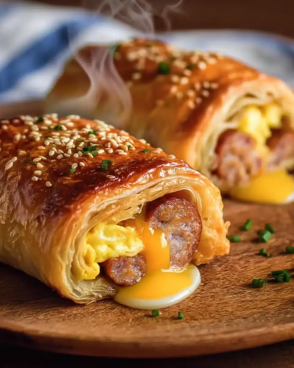 Delicious sausage egg breakfast roll-ups on a plate, perfect for a quick breakfast.