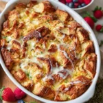 Golden brown croissant french toast casserole drizzled with sweet icing, surrounded by fresh berries.