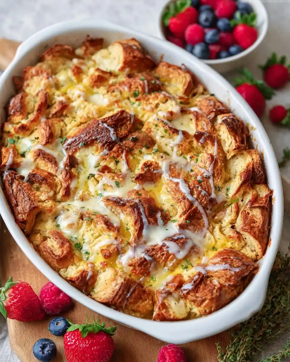 Golden brown croissant french toast casserole drizzled with sweet icing, surrounded by fresh berries.