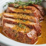 Juicy sliced slow cooker pork tenderloin topped with a savory sauce and fresh thyme.