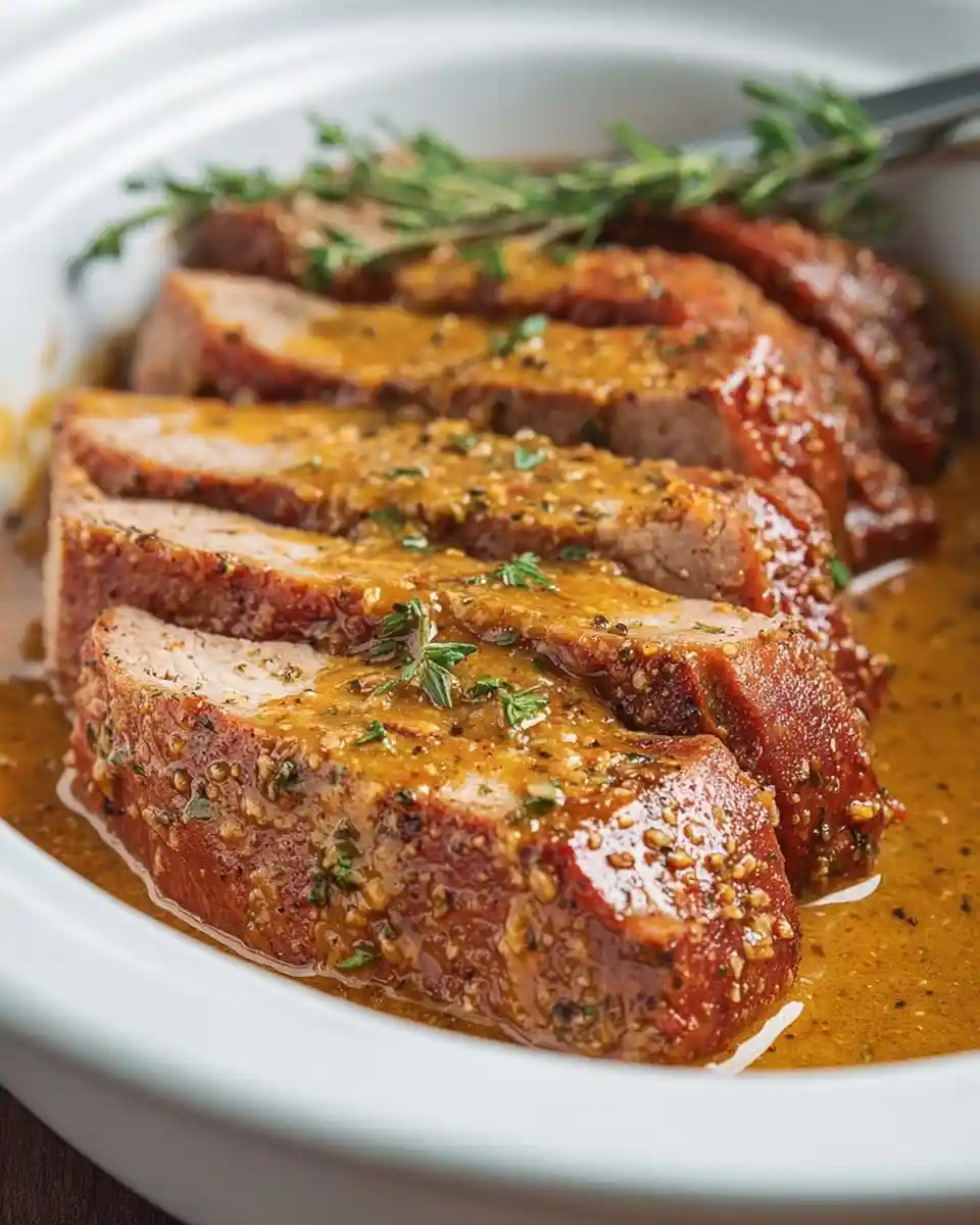 Juicy sliced slow cooker pork tenderloin topped with a savory sauce and fresh thyme.