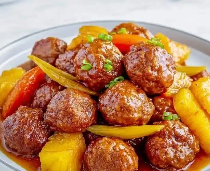 Slow cooker meatball pineapple smokies served in a bowl for a tasty appetizer.