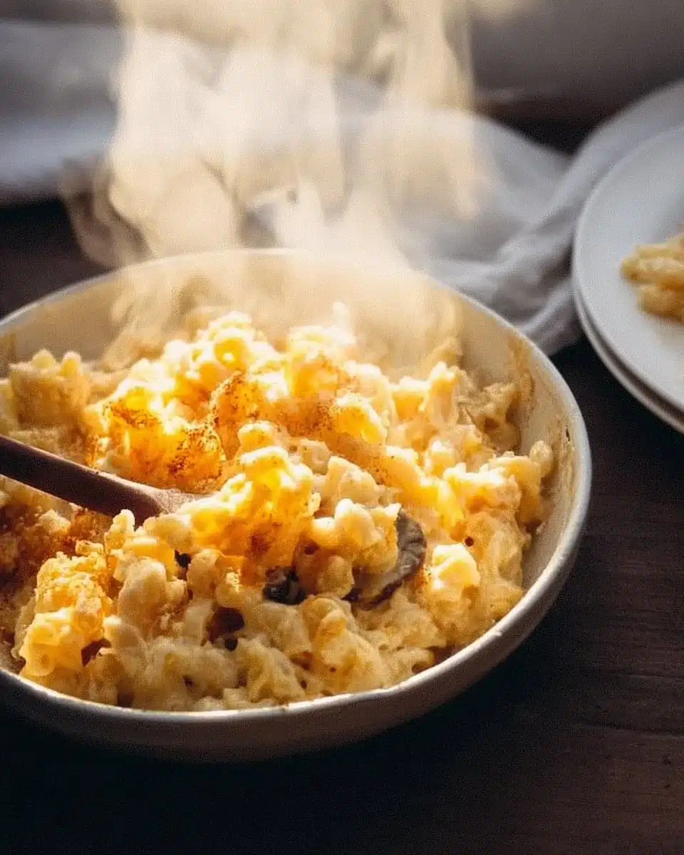 Delicious smoked mac and cheese topped with crispy bacon and herbs.