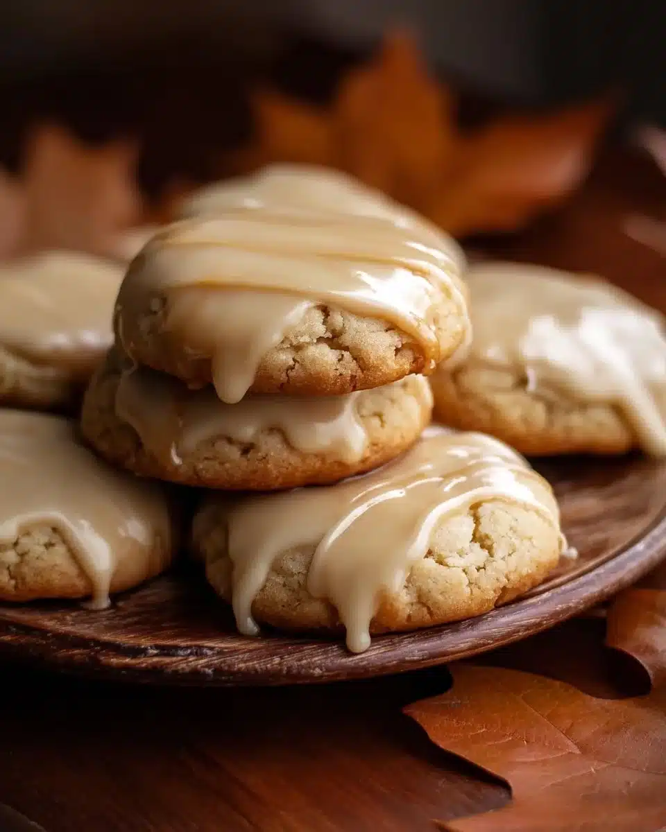 Delicious soft maple cookies with brown butter icing on a plate