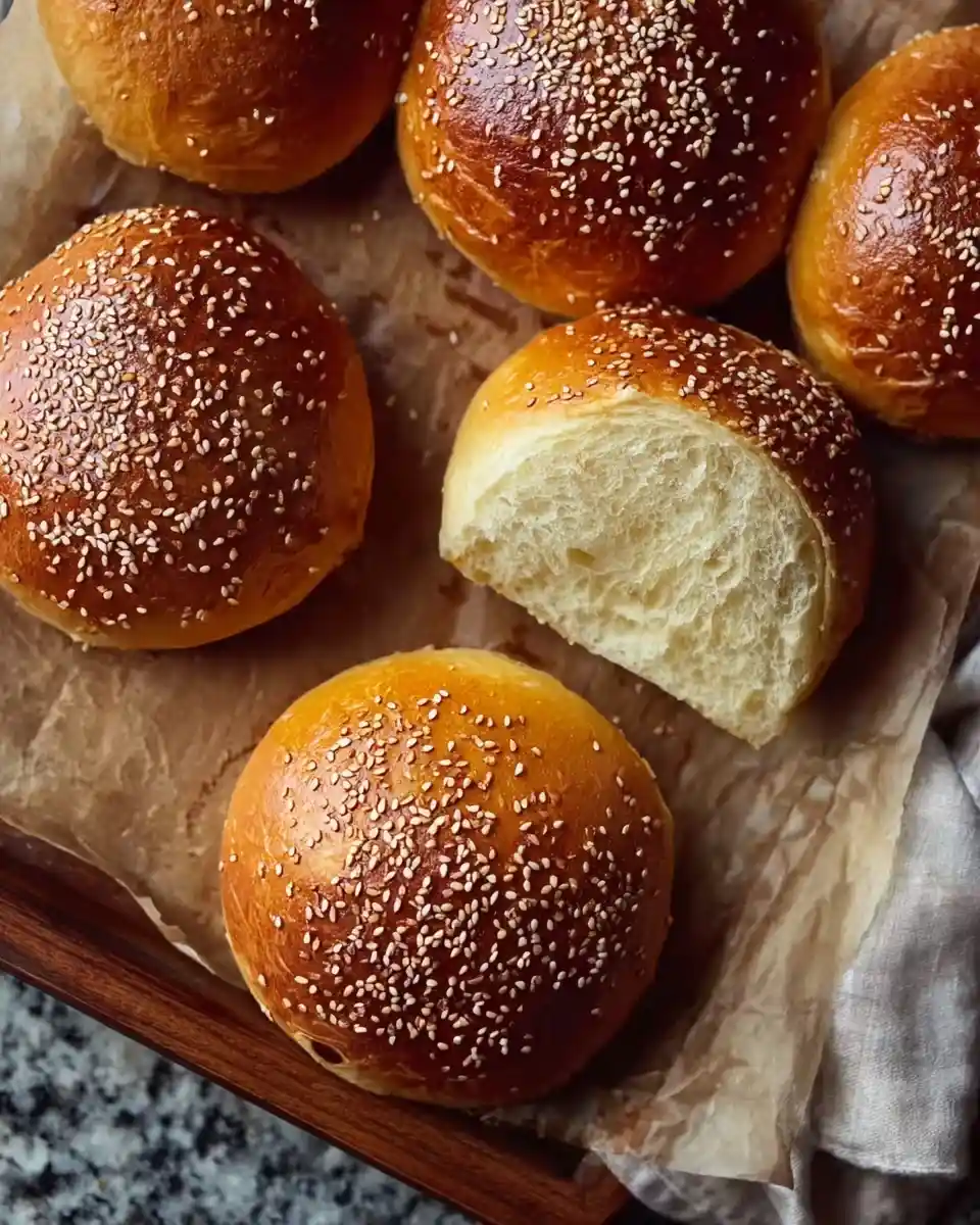 Fresh golden homemade hamburger buns with sesame seeds on parchment paper, with one cut open to show the soft interior.