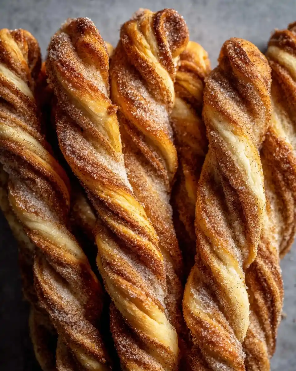 A close-up view of flaky, golden-brown cinnamon twists generously coated in sparkling cinnamon sugar.