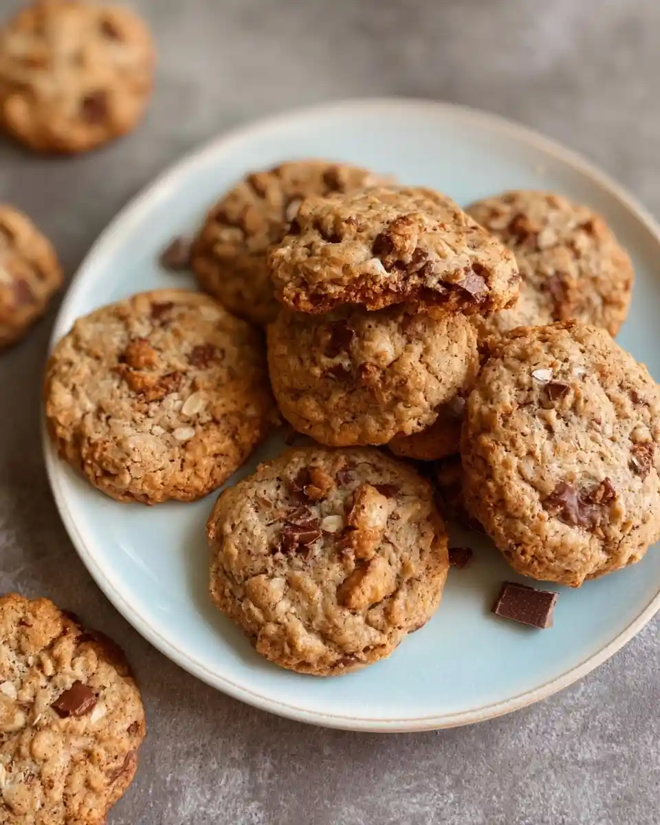 A stack of freshly baked oatmeal chocolate chip cookies on a light blue plate.