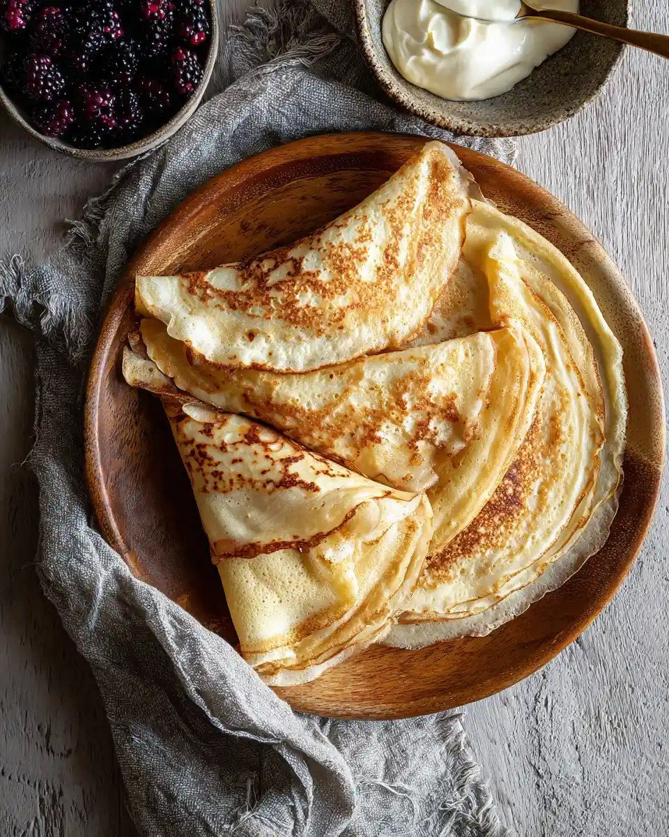A wooden plate featuring freshly folded homemade crepes, served with blackberries and cream.