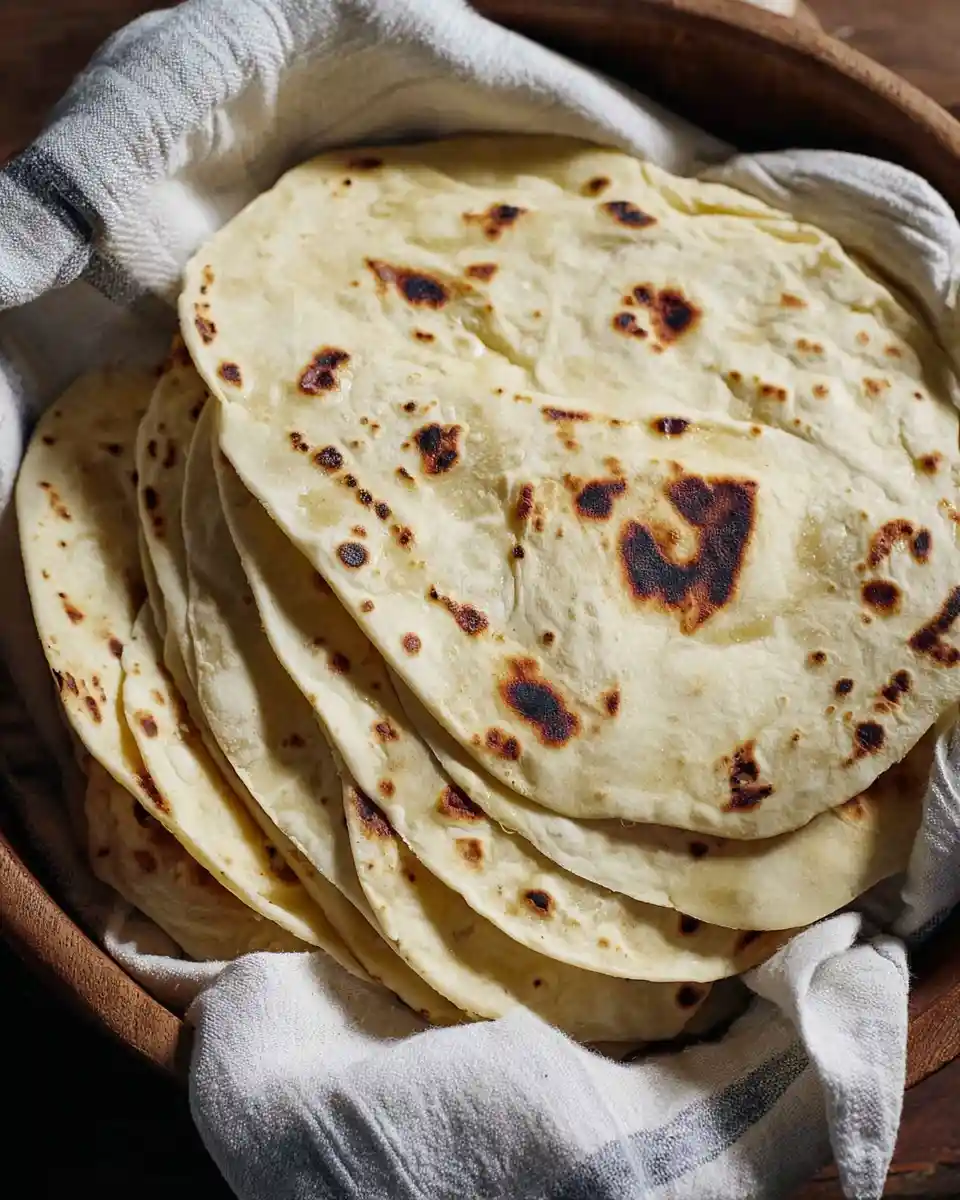 A stack of fresh homemade flour tortillas with golden brown spots resting in a cloth-lined wooden bowl.