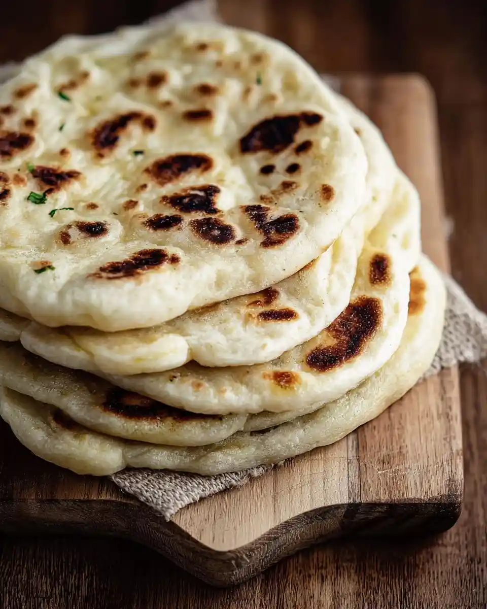 A stack of warm, fluffy {{ $('Fetch Recipe Data').first().json["Main Keyword"] }} with golden browned spots on a wooden board.