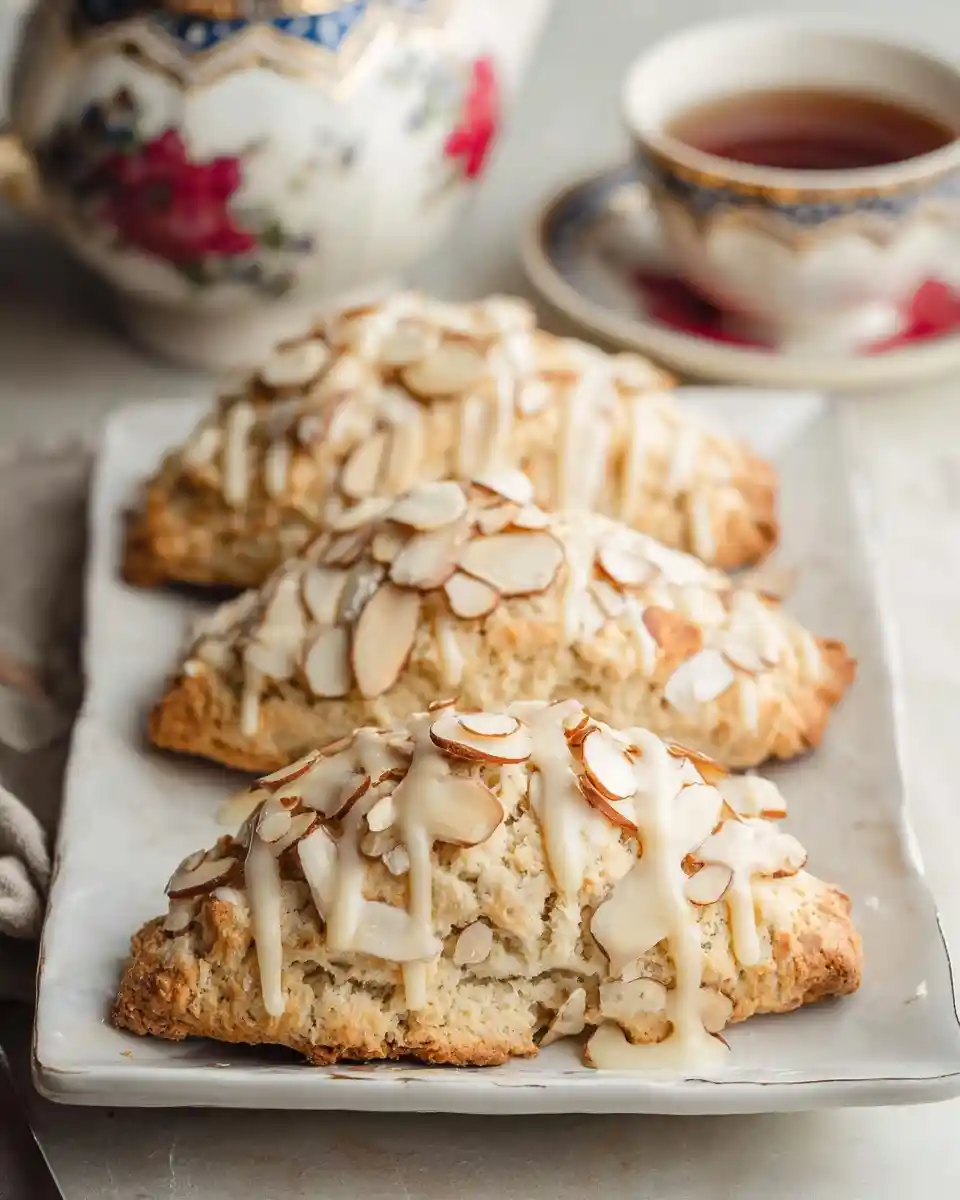 Three freshly baked almond scones topped with sliced almonds and glaze on a plate next to a teacup.