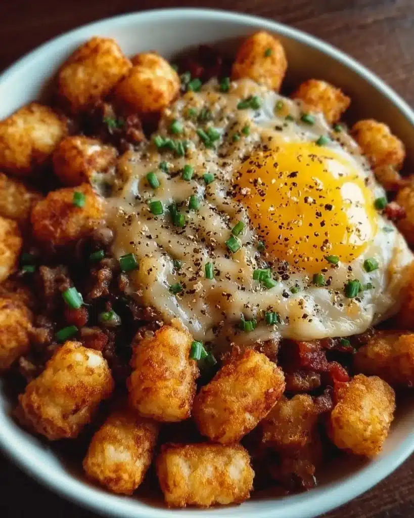 Delicious Southern Tater Tot Breakfast Bowls topped with eggs and sausage