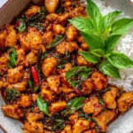 A bowl of spicy Thai basil chicken with red chilies and fresh basil, served alongside fluffy white rice.