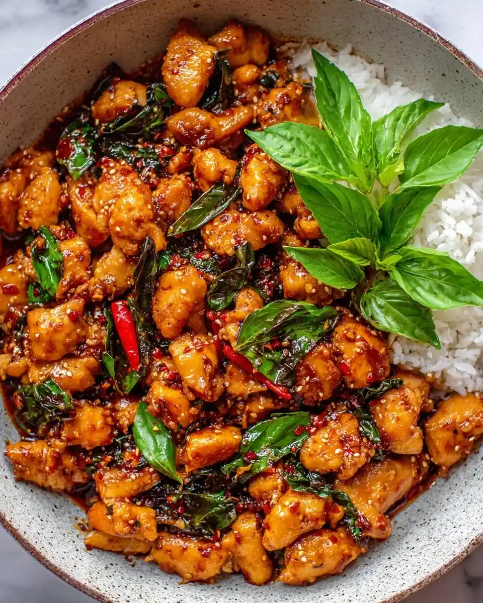 A bowl of spicy Thai basil chicken with red chilies and fresh basil, served alongside fluffy white rice.