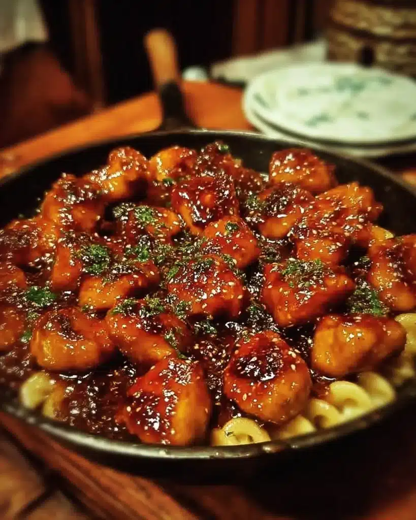 Delicious spicy honey chicken skillet served in a cast iron pan