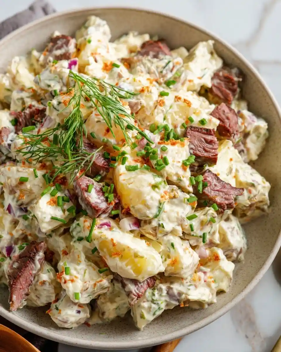 A creamy bowl of {{ $('Fetch Recipe Data').first().json["Main Keyword"] }} garnished with fresh dill and chives.