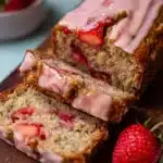 Freshly baked strawberry banana bread on a wooden table