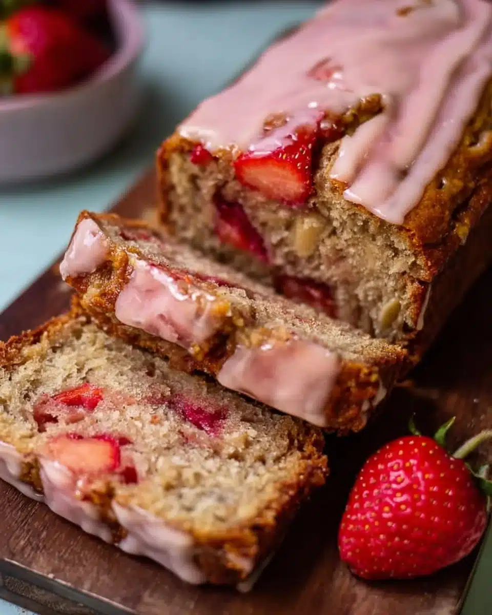 Freshly baked strawberry banana bread on a wooden table