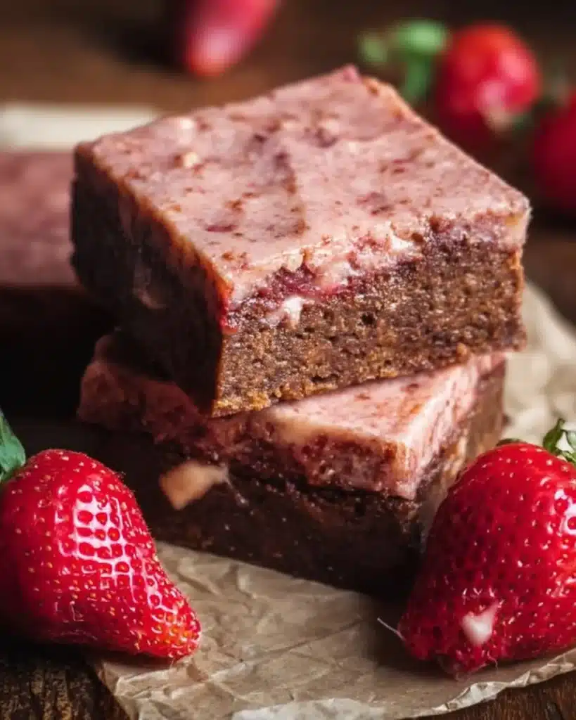 Delicious strawberry brownies with fresh strawberries on top