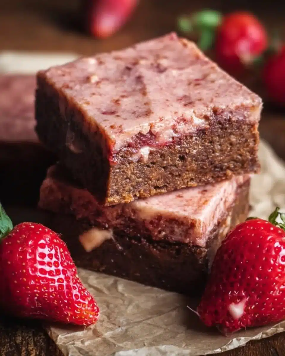 Delicious strawberry brownies with fresh strawberries on top