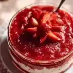 A slice of strawberry cake filled with fresh strawberry filling, showcasing its vibrant color.