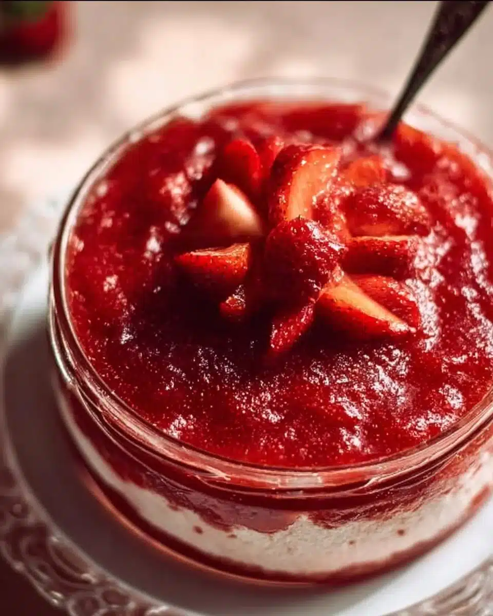 A slice of strawberry cake filled with fresh strawberry filling, showcasing its vibrant color.