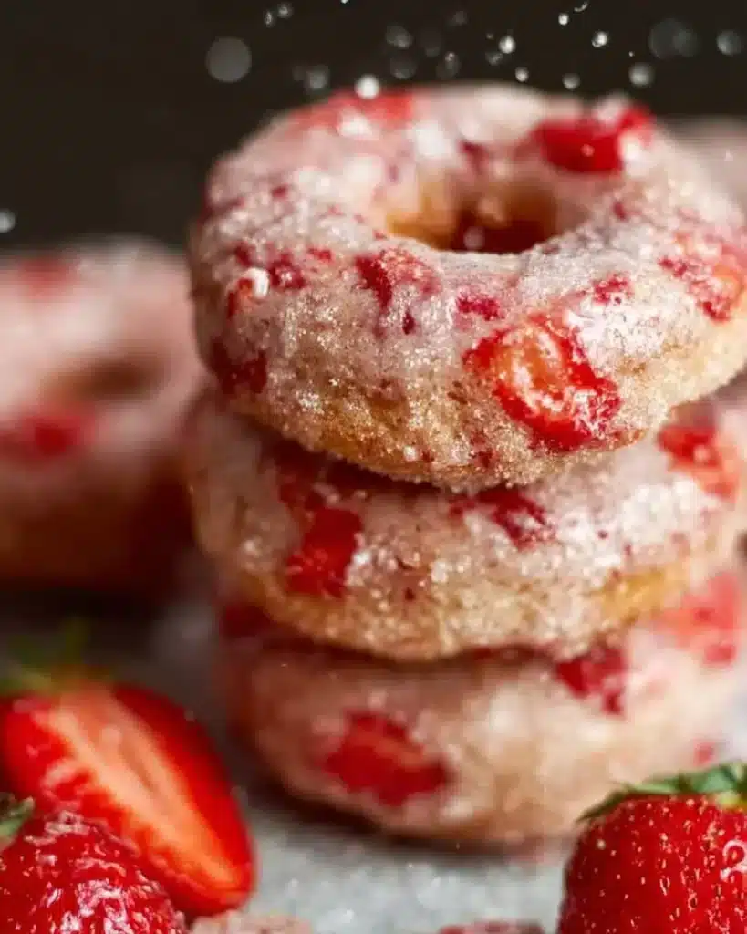 Delicious strawberry cake mix donuts topped with icing and sprinkles