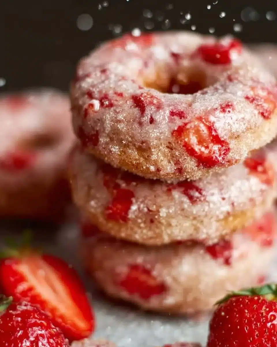 Delicious strawberry cake mix donuts topped with icing and sprinkles