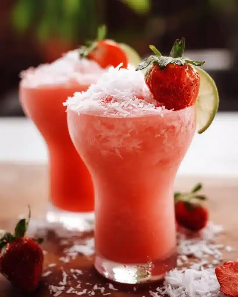 Refreshing Strawberry Coconut Cooler drink served in a glass with strawberries and coconut.