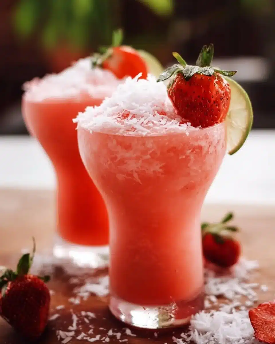 Refreshing Strawberry Coconut Cooler drink served in a glass with strawberries and coconut.