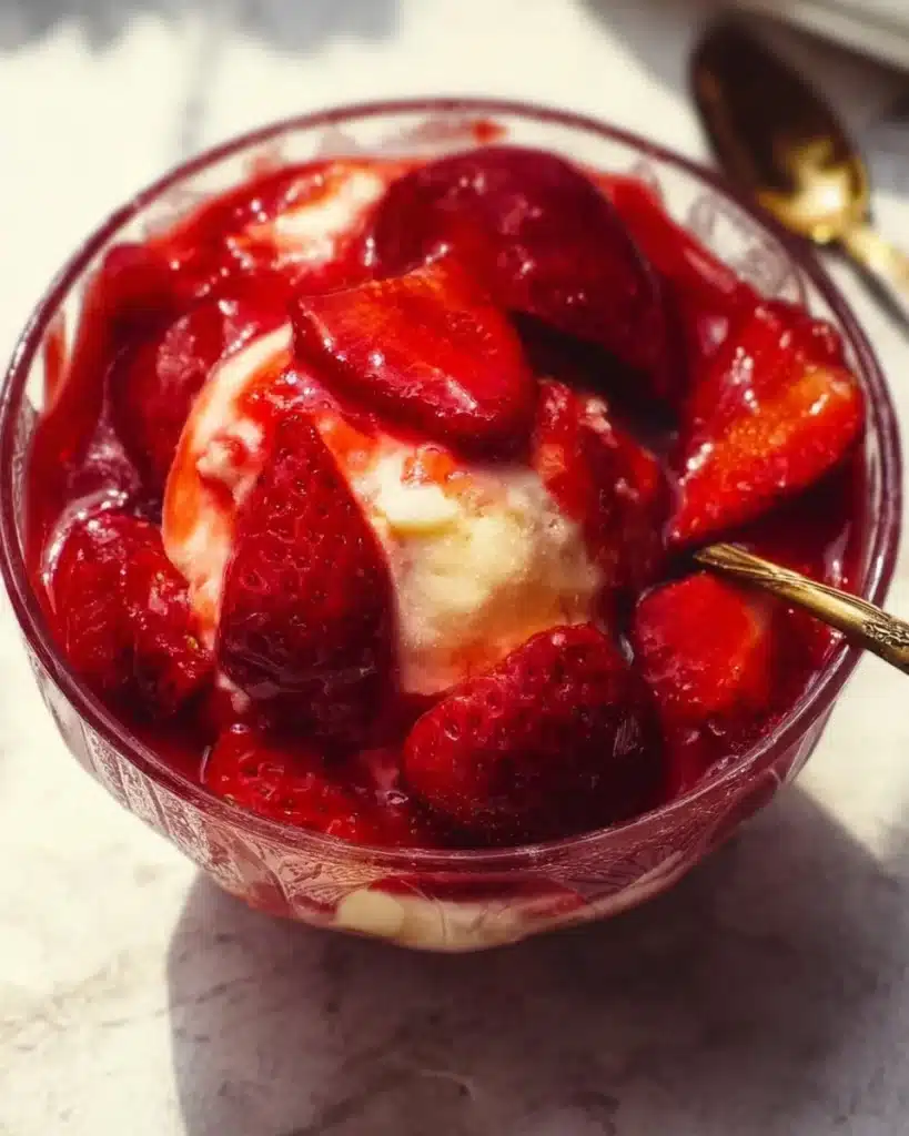 Fresh strawberry compote in a bowl, ready to use as a dessert topping.
