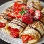Delicious strawberry crepes topped with fresh strawberries and cream