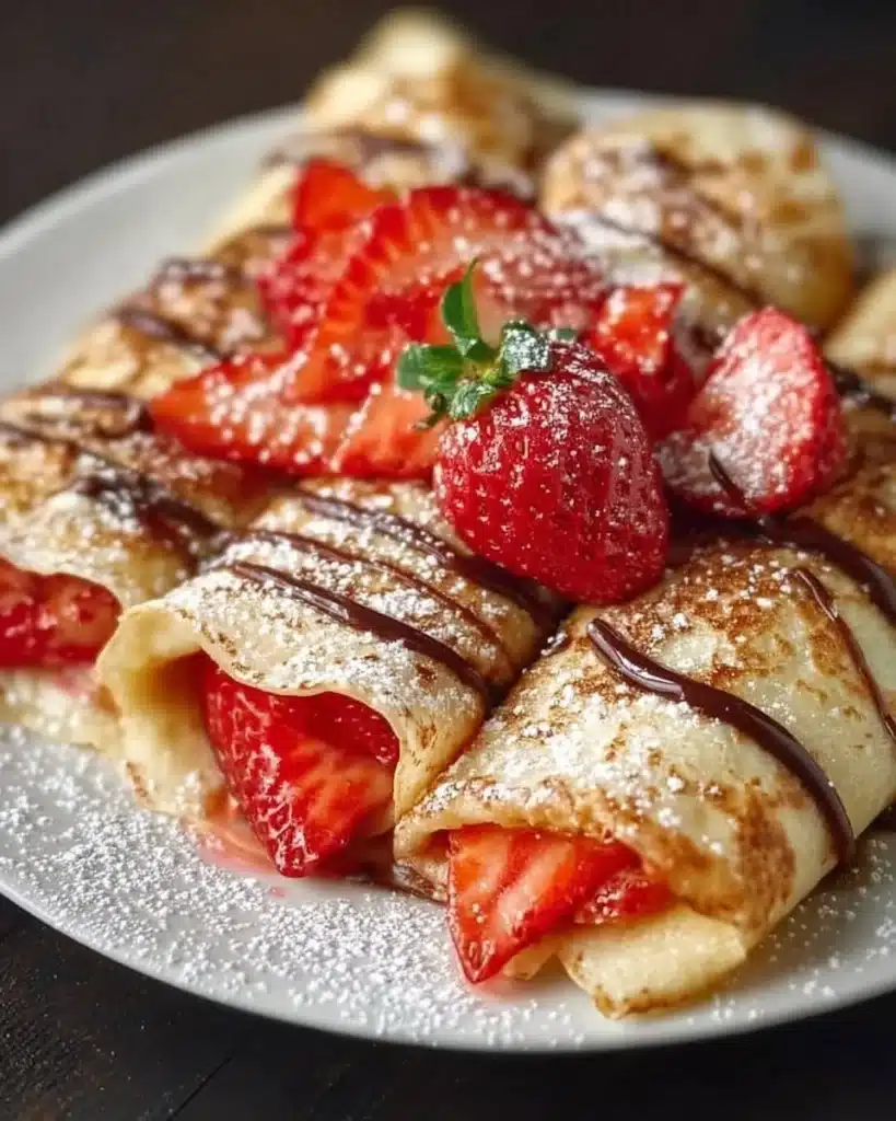 Delicious strawberry crepes topped with fresh strawberries and cream