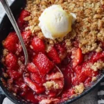 A warm homemade strawberry crisp in a black baking dish, topped with melting vanilla ice cream and a serving spoon.