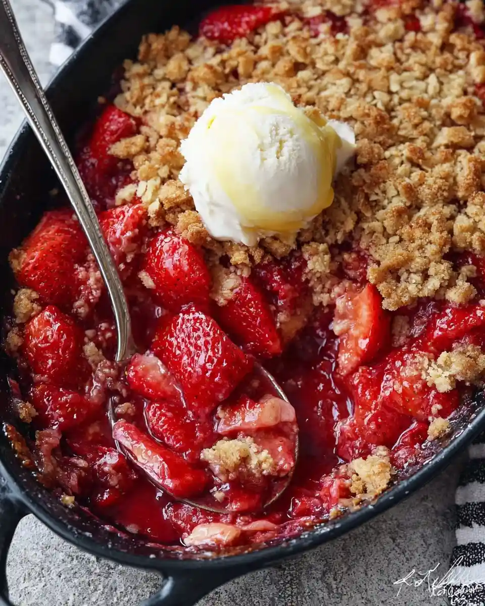 A warm homemade strawberry crisp in a black baking dish, topped with melting vanilla ice cream and a serving spoon.