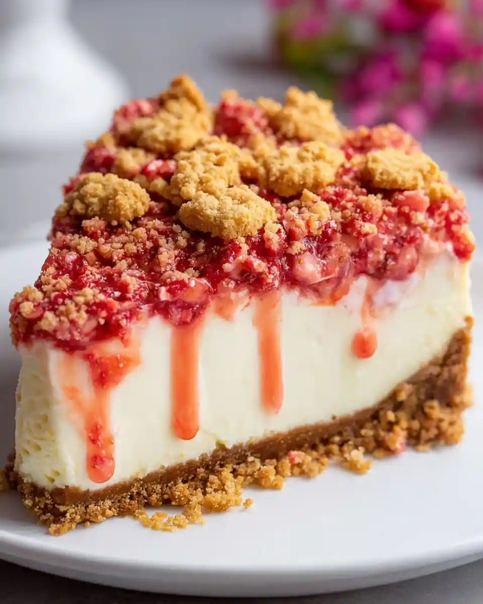 A slice of {{ $('Fetch Recipe Data').first().json["Main Keyword"] }} with berry syrup and crumble topping.