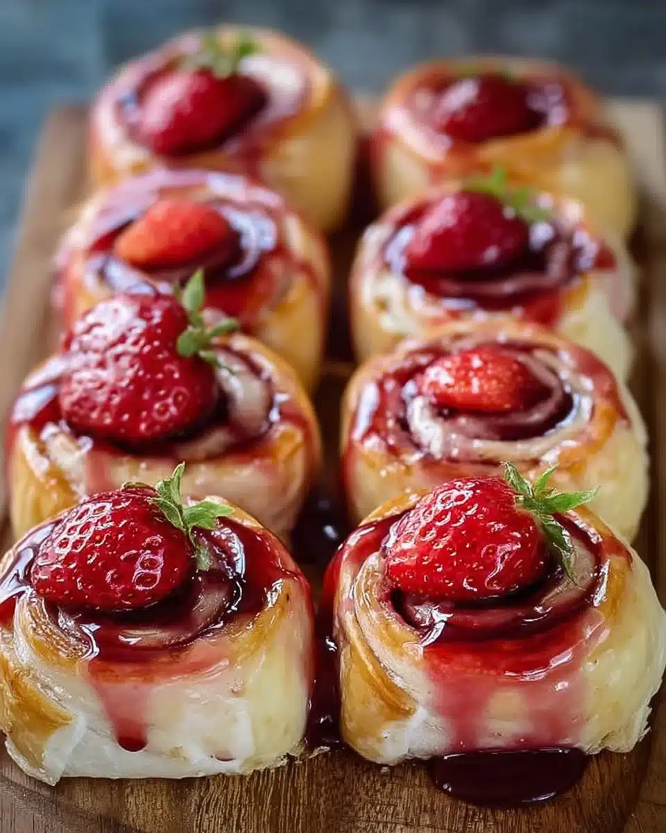 Strawberry glaze pastry rolls on a plate with fresh strawberries