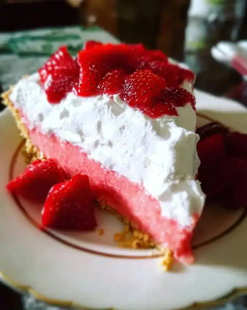 Delicious Strawberry Jello Pie with Cool Whip topping and fresh strawberries