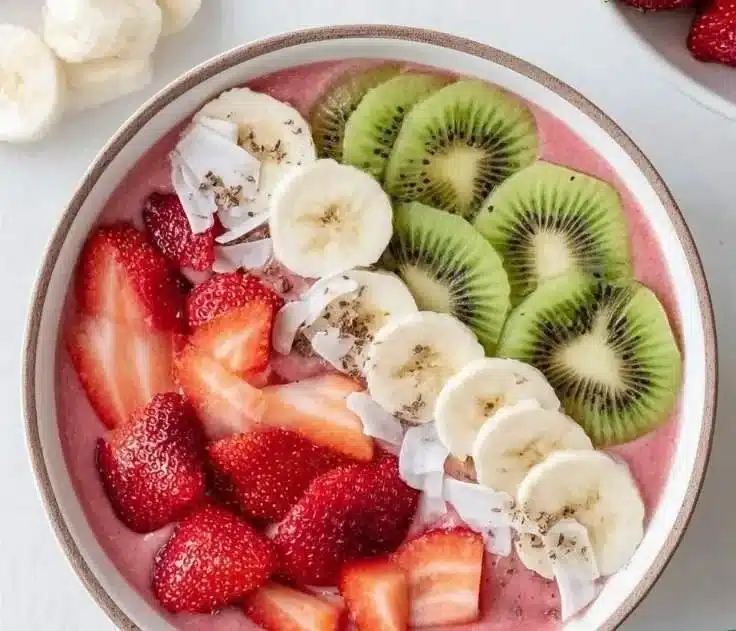 Delicious strawberry kiwi smoothie bowl topped with fresh fruits and granola