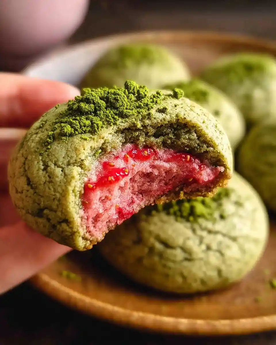 A hand holds a bitten treat, showcasing the gooey pink center of freshly baked matcha raspberry cookies.