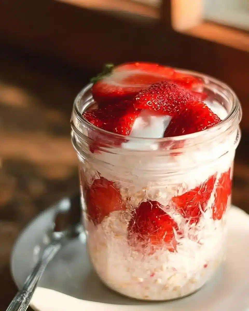 Bowl of strawberry overnight oats topped with fresh strawberries and nuts