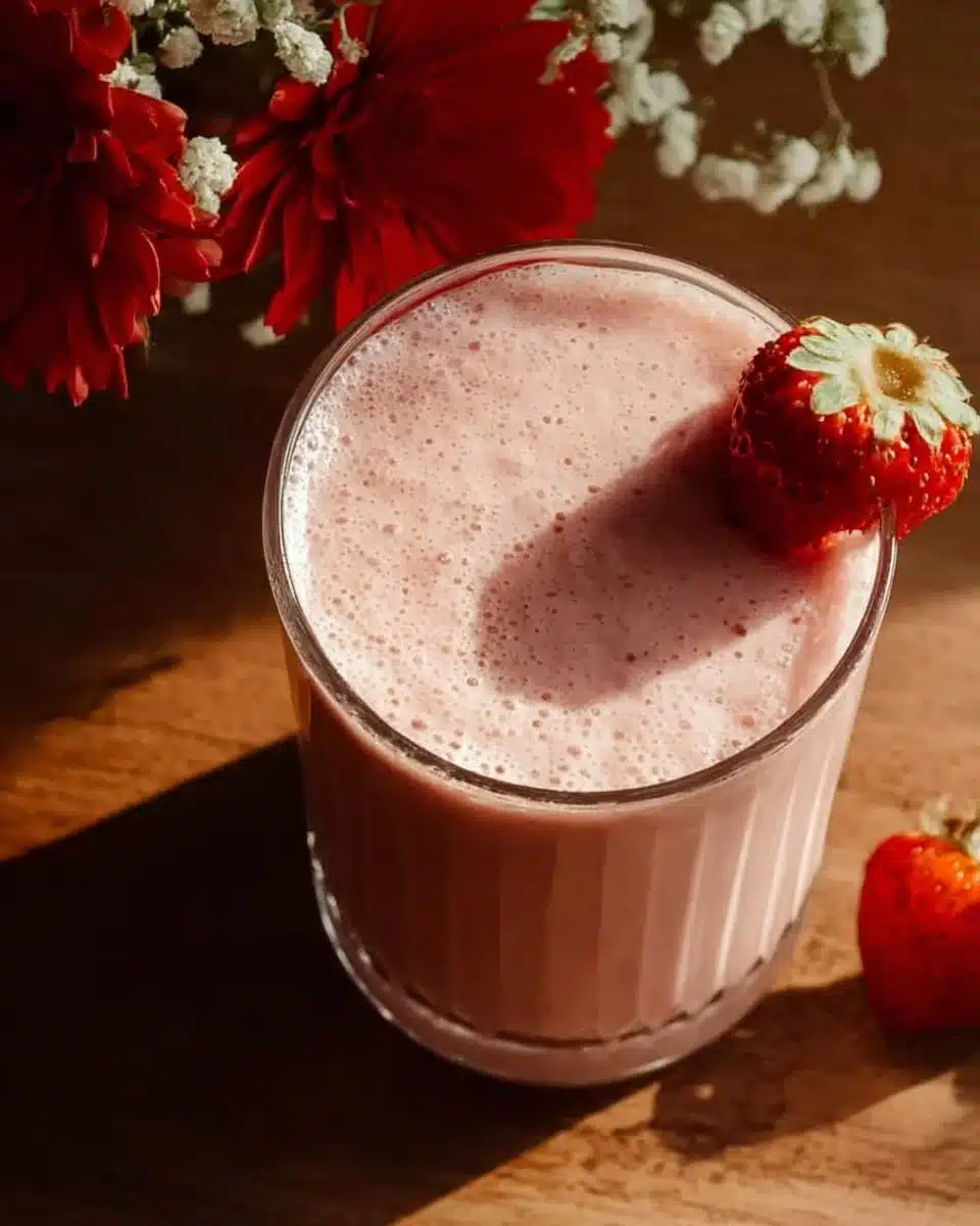 Strawberry protein smoothie in a glass garnished with fresh strawberries