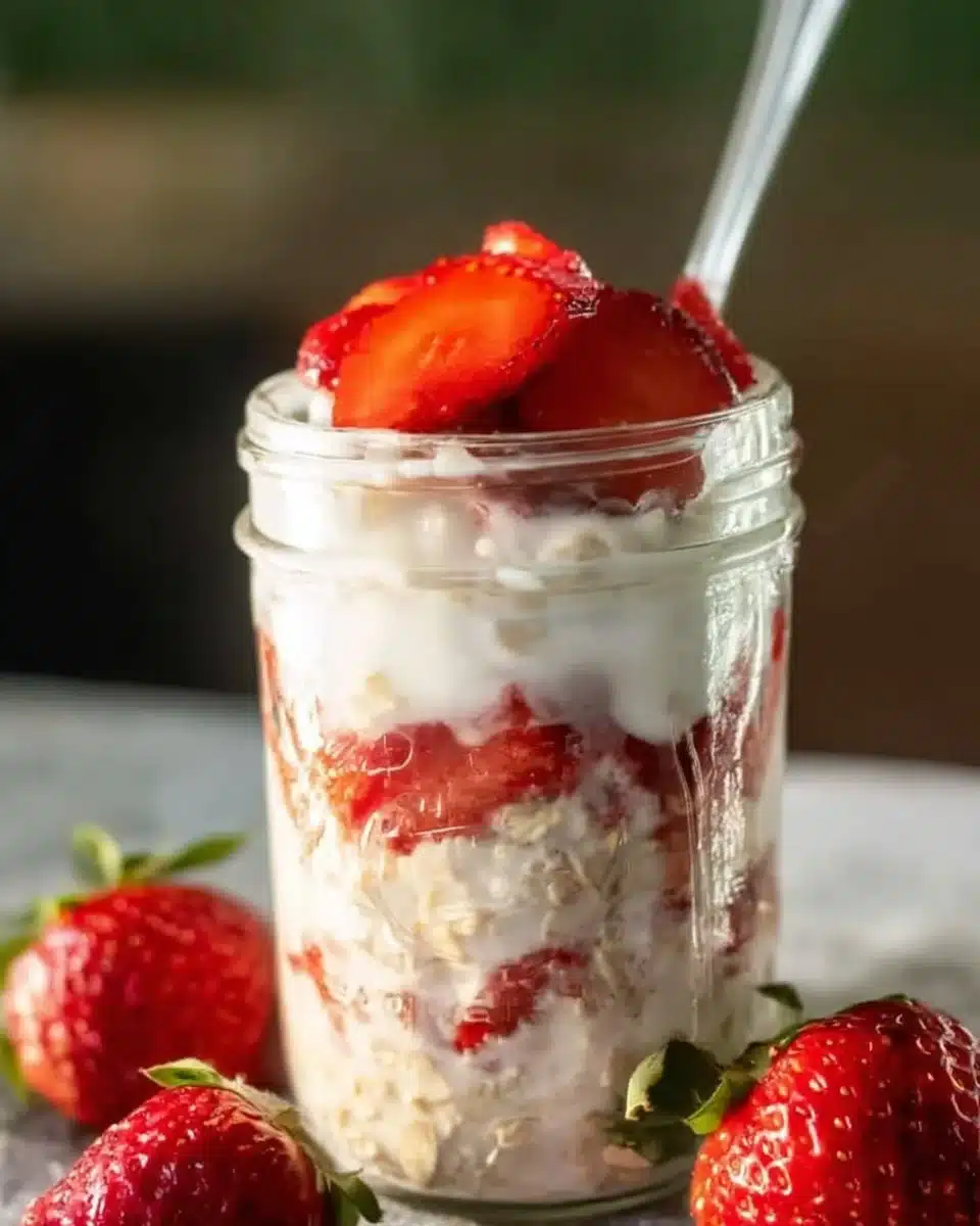 Bowl of delicious Strawberry Shortcake Overnight Oats topped with fresh berries and cream.