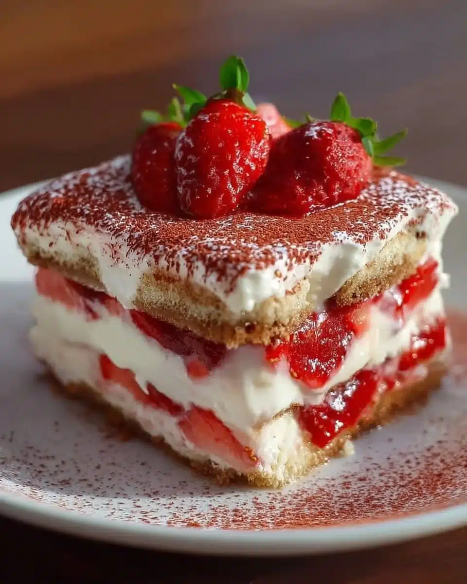 Delicious Strawberry Tiramisu dessert served in a glass with fresh strawberries.