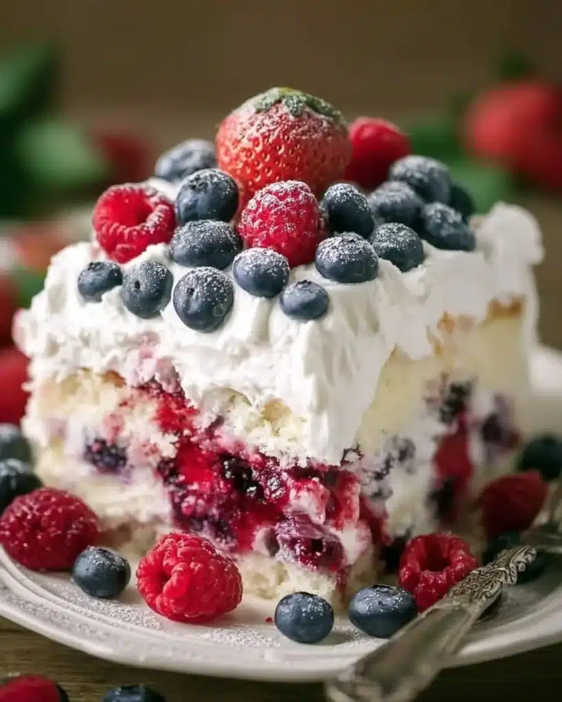 Delicious summer berry poke cake topped with fresh berries and whipped cream