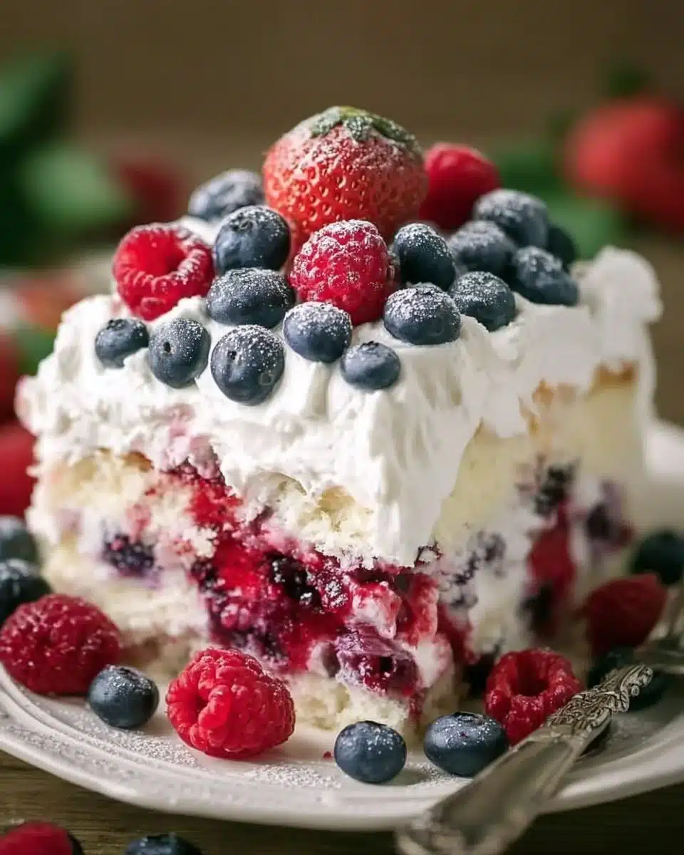 Delicious summer berry poke cake topped with fresh berries and whipped cream