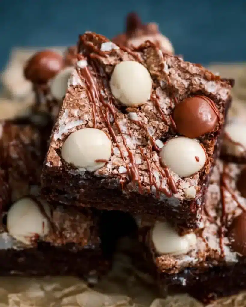 Delicious super fudgy brownies topped with chocolate chips and nuts