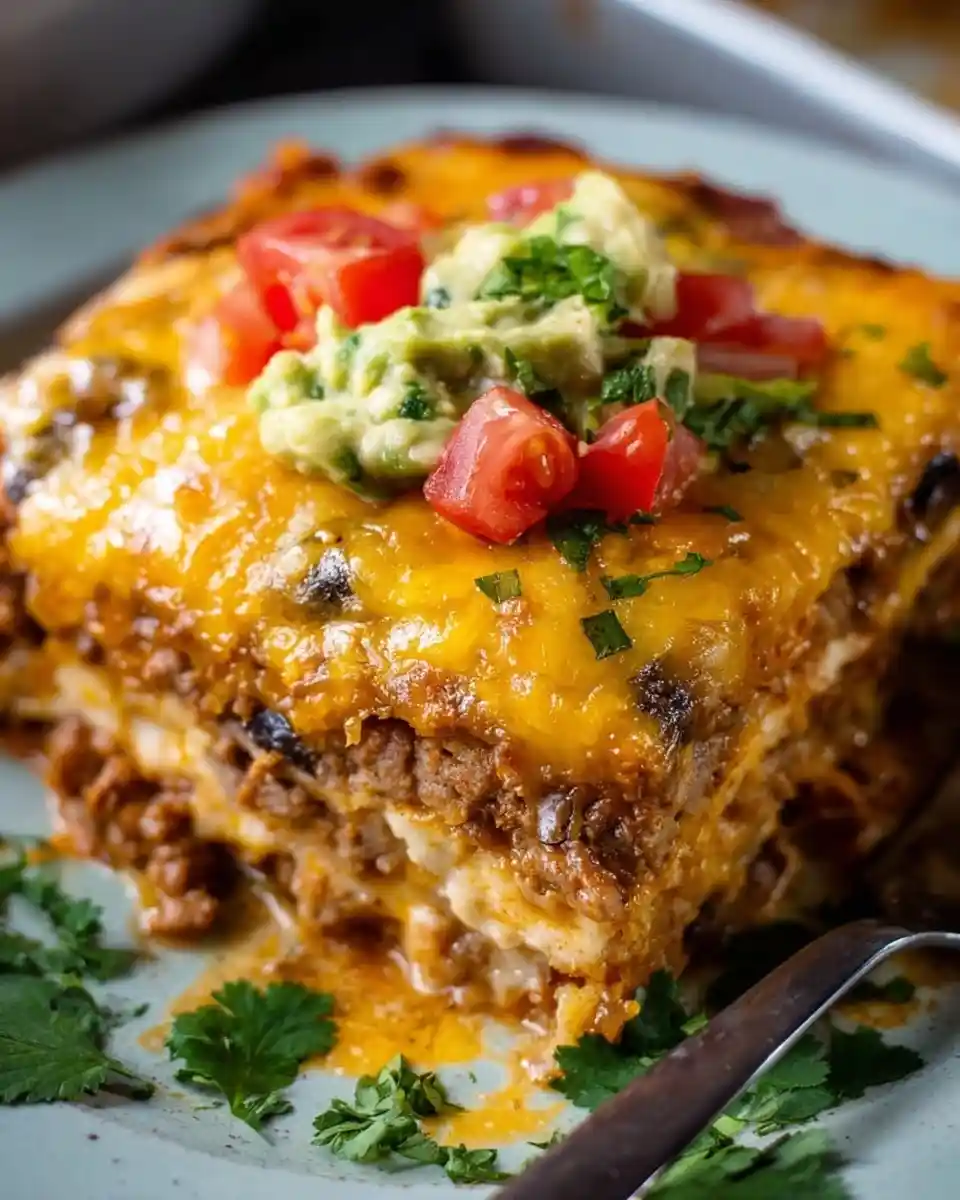 A close-up slice of cheesy taco casserole topped with fresh guacamole, diced tomatoes, and cilantro on a plate.